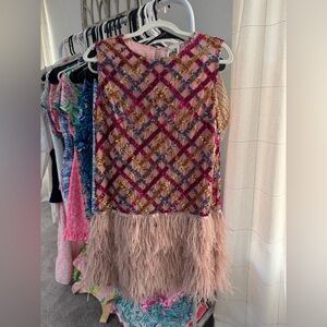 QUEEN OF SPARKLES feather & sequin Dress with Pink and Gold Details